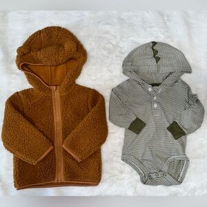 NWOT Brown Fleece Bear Hoodie and Striped Green Onesie Set